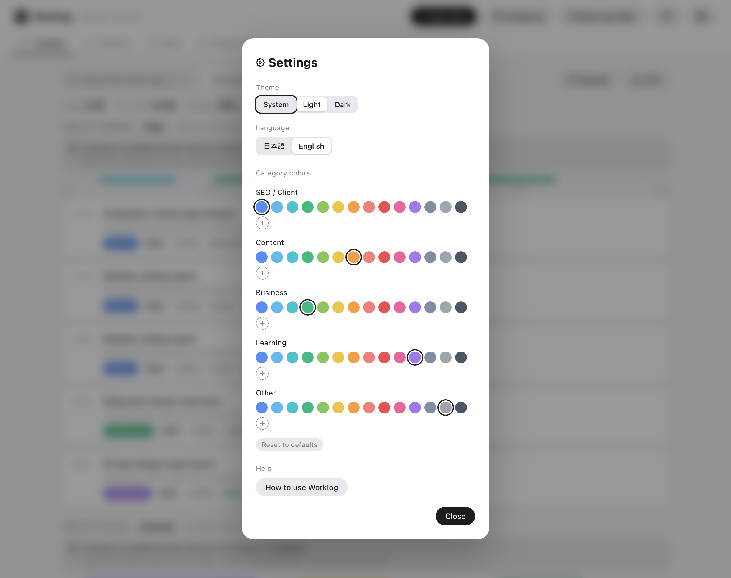 Settings: theme, language and category colors