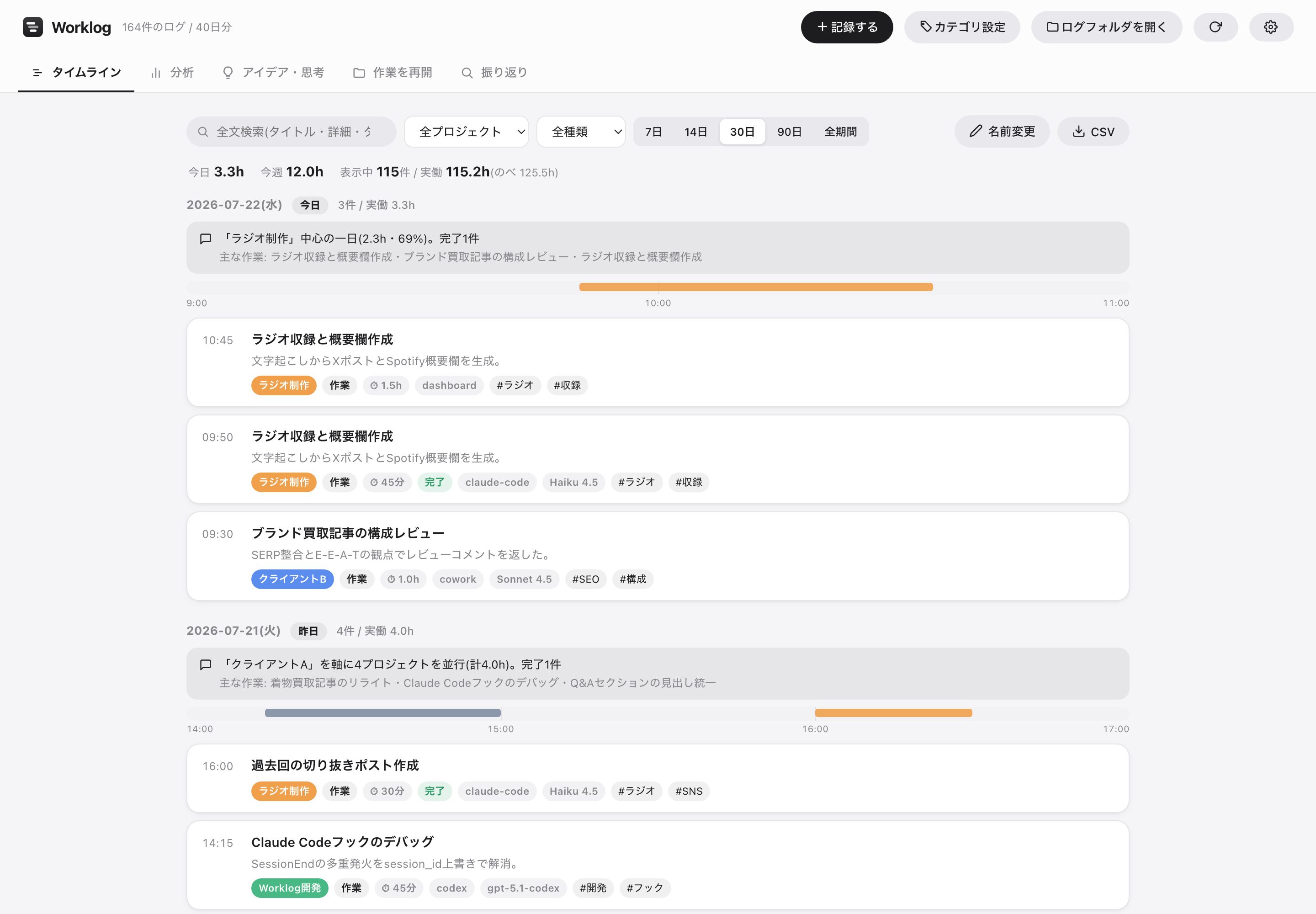 Worklogのタイムライン画面